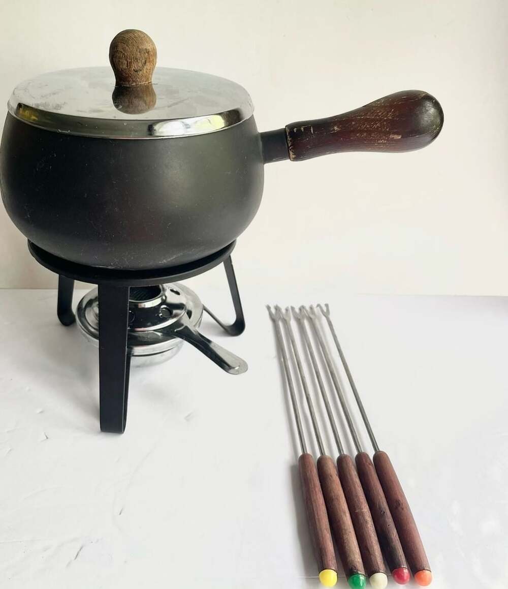 Vintage Cast Iron Fondue Pot Set with Forks